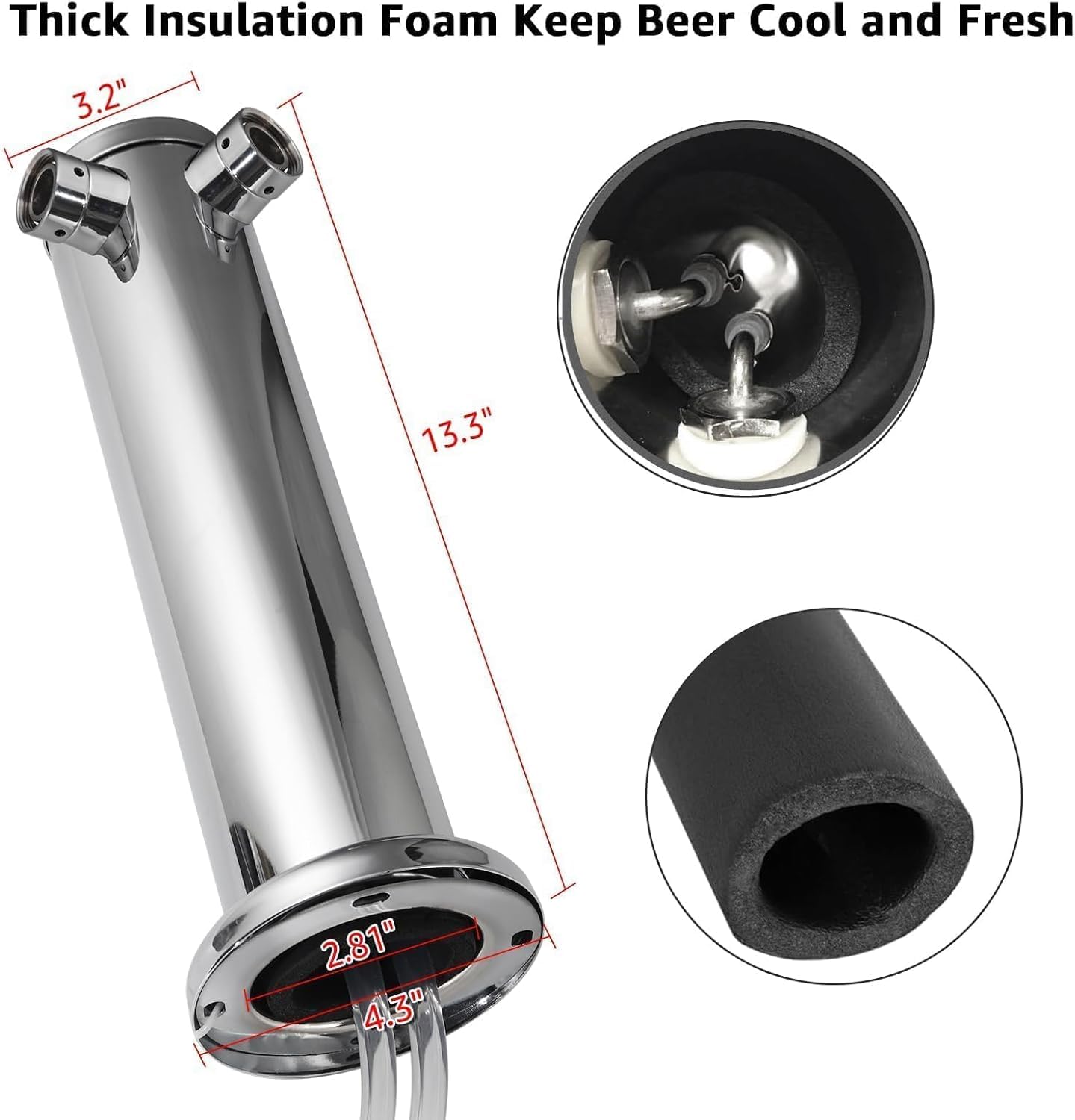 Dual Beer Tap Tower Dispenser with 1/4" Barb Fitting, Draft Kegerator Tap Tower Keg Tower Stainless Brass Core Self-Closing Beer Faucet Brewing Tower Dispenser with Pre-assembled Lines Kit