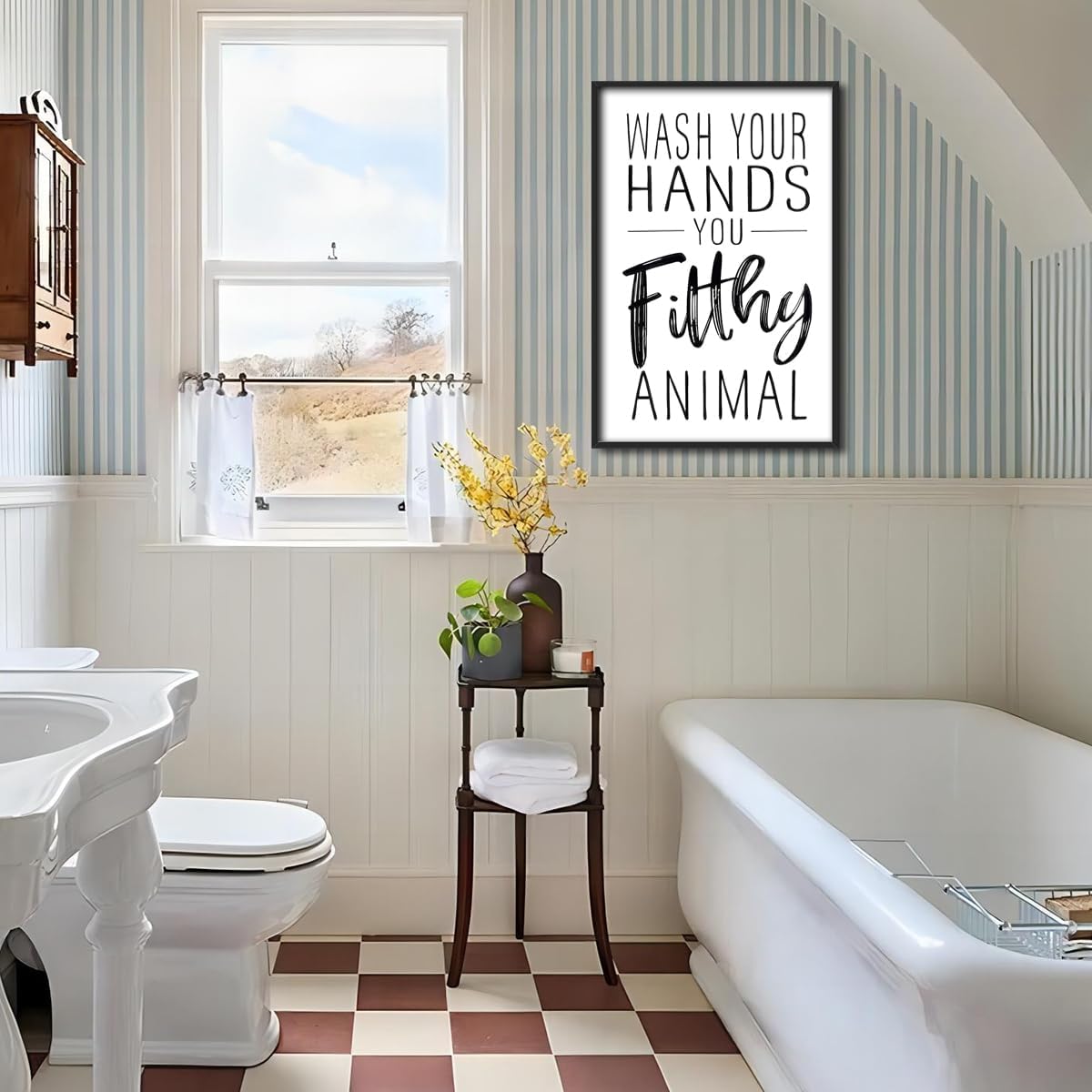 Skiennix Framed Black And White Bathroom Wall Art - Funny "Wash Your Hands" Poster | Modern Minimalist Canvas Print