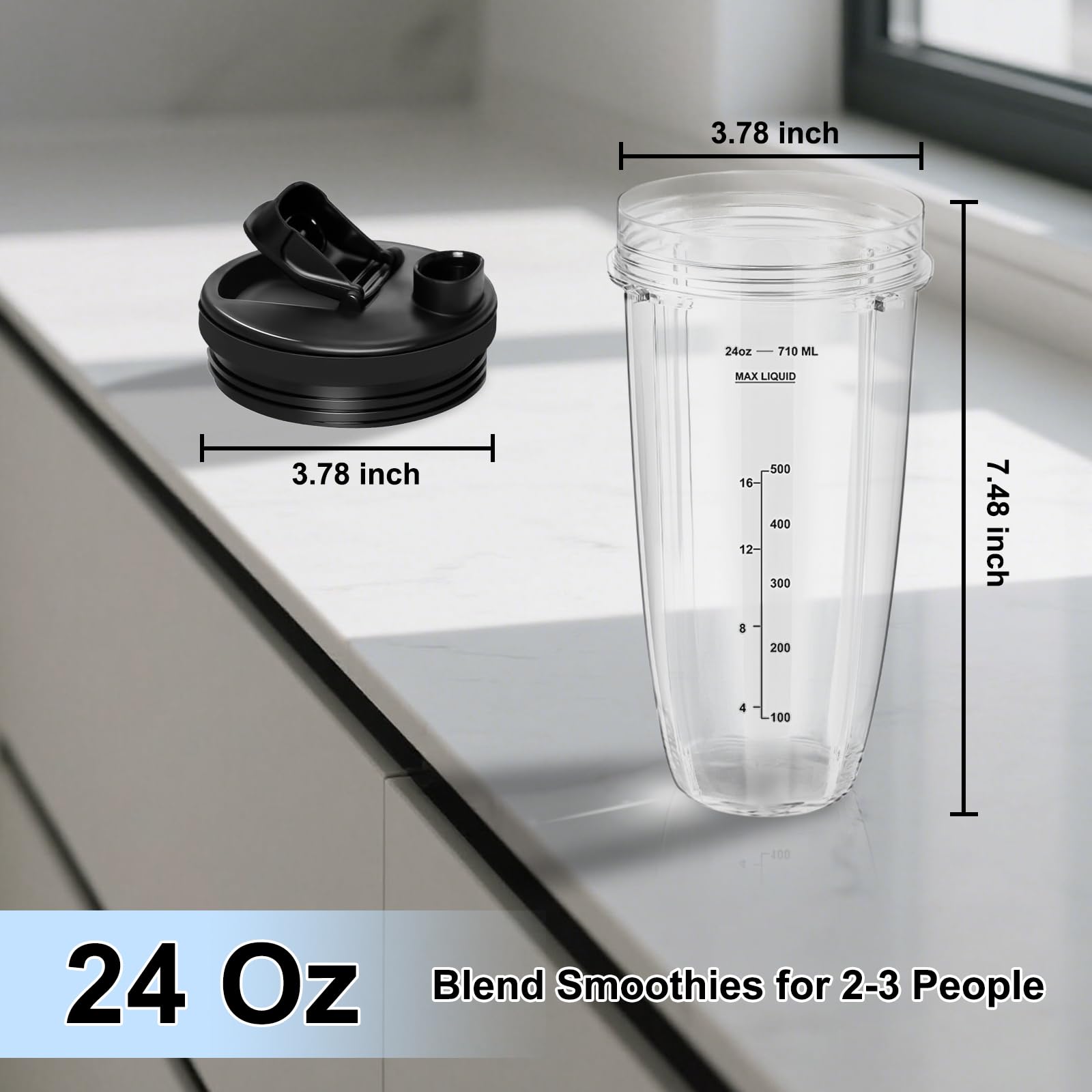 Replacement 24oz Blender Cups with Lid for Ninja, 7 Fins Extractor Blade Compatible with Nutri Auto iQ BN401 BN751 BN801 BL642 BL456 BL480 Foodi SS401 SS101 NN100 NN210 NN102 BL2012