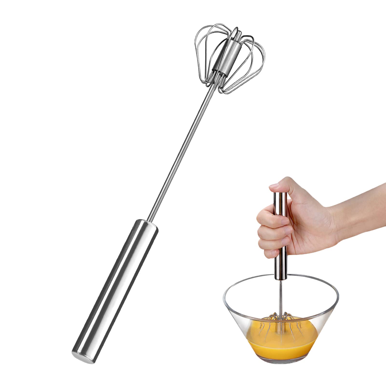 Egg Beater, Hand Easy Whisk Stainless Steel Hand Push Egg Beater Manual Mixer Blender for Home Kitchen Tool Whisking, Beating & Stirring (12 Inch)