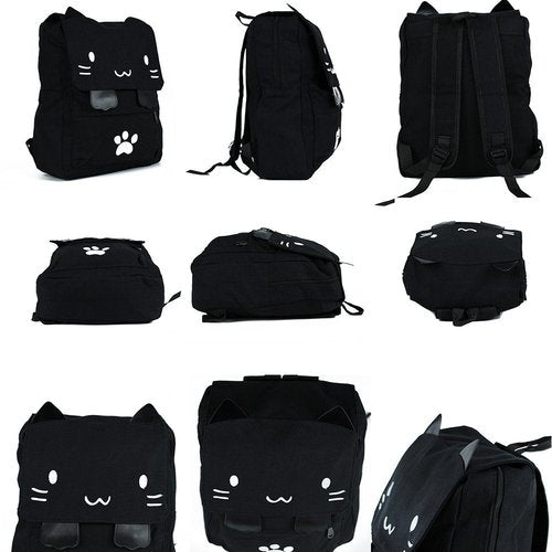 DemonChest Black College Cute Cat Embroidery Canvas School Backpack Bags for Kids Kitty(White)