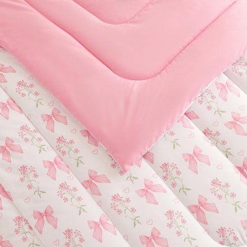 CCoutueChen Pink Bow Comforter Set Queen 3Pcs Pink Floral Bedding Set for Girls Kids Romantic Princess Style Bowknot Bedding Ultra Soft Reversible Garden Flower Comforter Sets with 2 Pillowcases