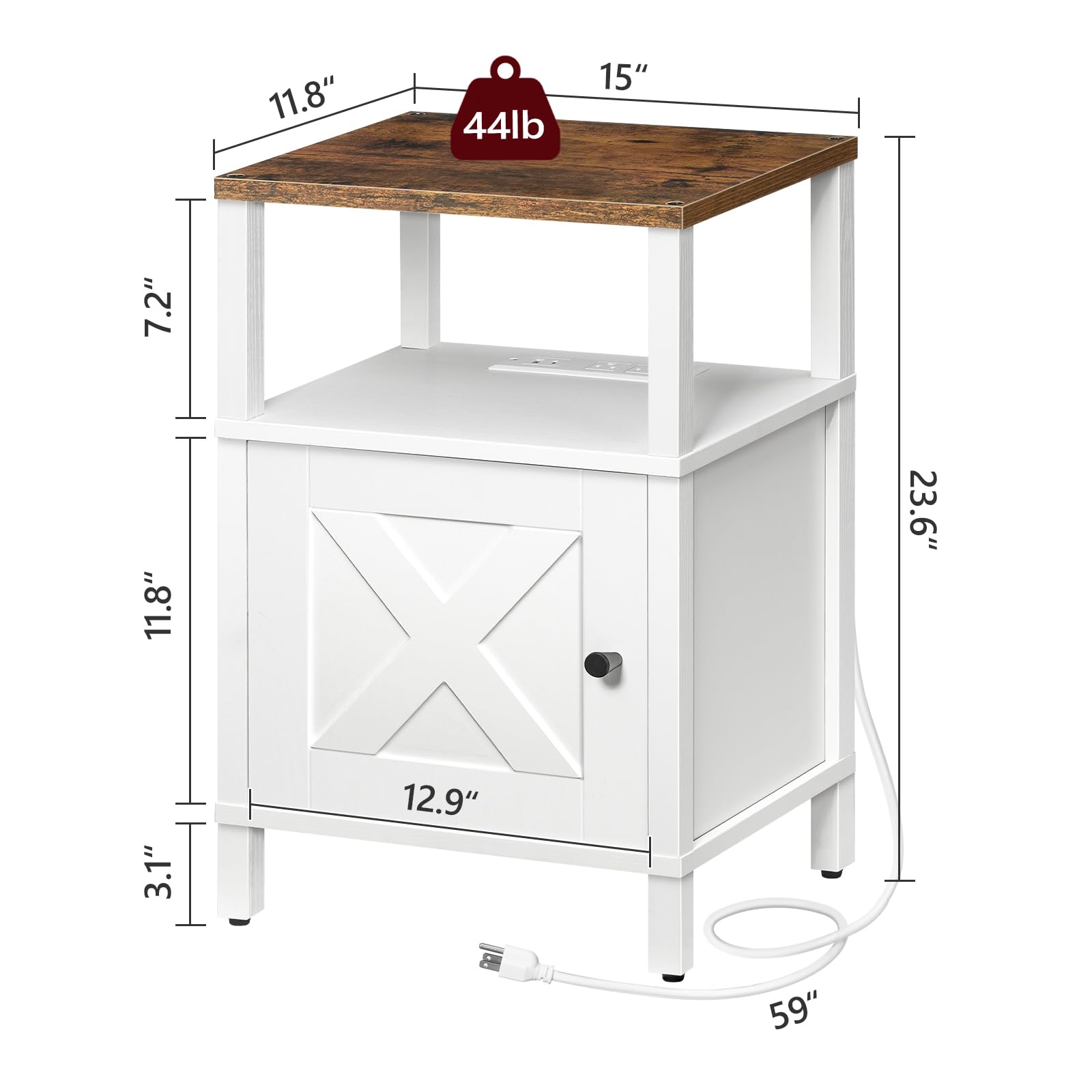 MAHANCRIS Farmhouse Nightstand with Charging Station, White Bedside Table with USB & Type-C Ports, End Table with Storage and Open Shelf, Modern Side Table for Bedroom, Rustic Brown ETRW96E01