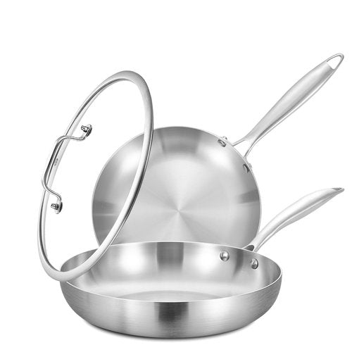 Inqibee 10-12 Inch Tri-Ply Stainless Steel Frying Pans with a Lid,Small Sauté Pan Set,Skillets,Induction Cooking Pans,Pots and Pans Set,Dishwasher and Oven Safe.