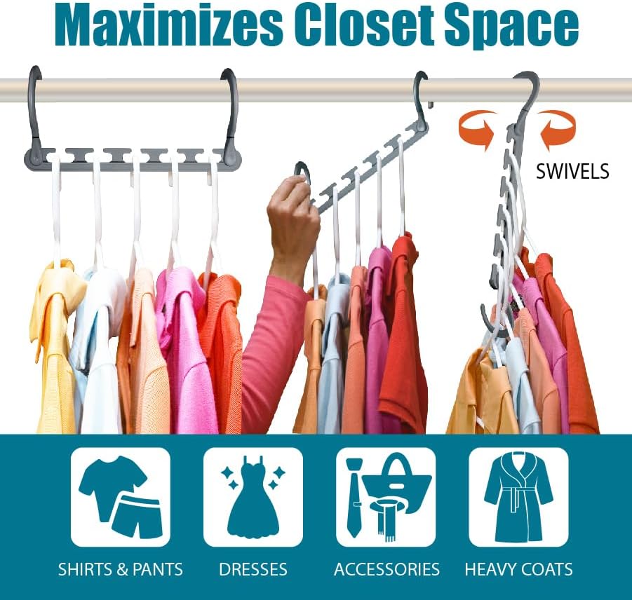 Wonder Hanger Max Space-Saving Hangers - 10-Pack with 360° Swivel Hooks | Ideal for Dorms & Closets - Grey