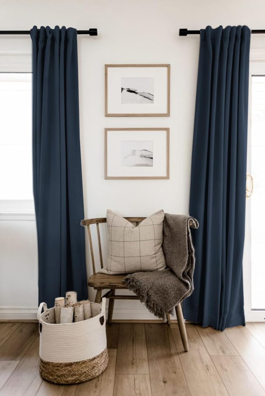 Skiennix 100% Blackout Linen Curtains - Thermal Insulated Drapes for Bedroom | 50" W x 96" L, Navy
