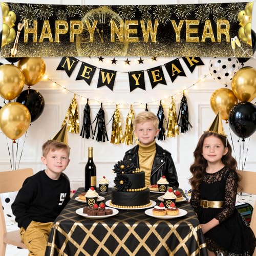 AIBIIN Happy New Year 2026 Gold Backdrop Banner 118x20 Inch Party Decor