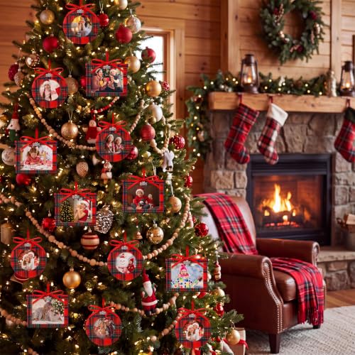 Red Felt Christmas Photo Frame Set with Plaid Design, 24 Pieces