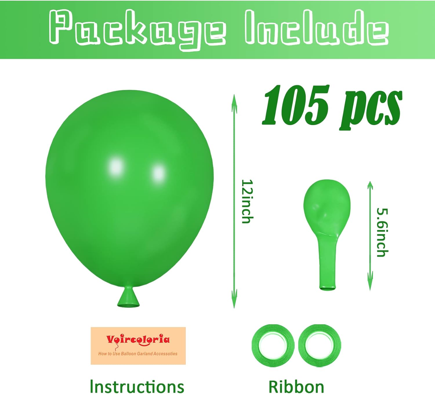 Voircoloria 105-Piece Green Latex Balloons - 12-Inch Party Decor for Dinosaur Baby Showers & St. Patrick's Day