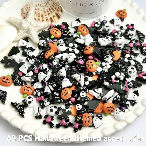 60Pcs Halloween Resin Nail Charms 3D Ghost Pumpkin Skull Art Gems