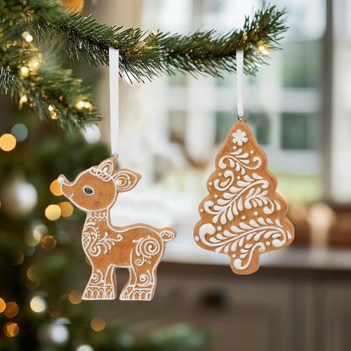 Cynkeyee Gingerbread Decorations - 2 Pcs Resin Tree & Deer Ornaments for Christmas | 4.5x0.5x3 IN