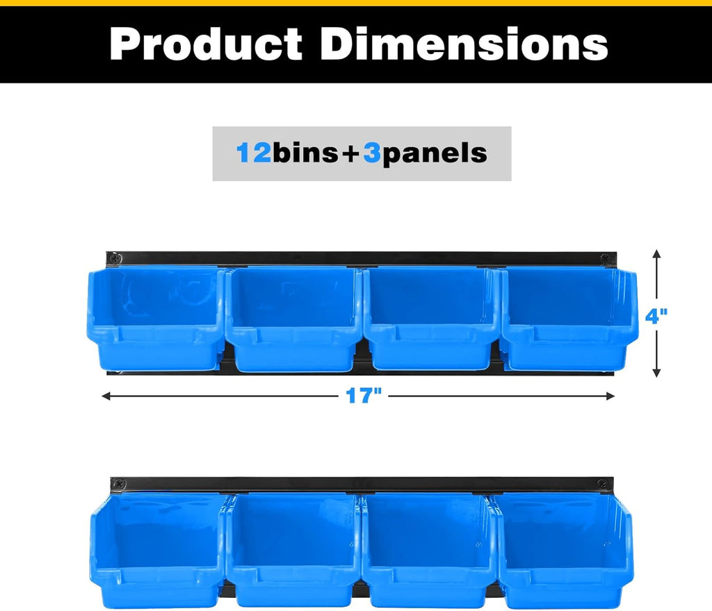 Ultrawall Wall Mounted Storage Bins - Plastic Organizer for Garage Tools | 12 Bins & 3 Rails, Blue