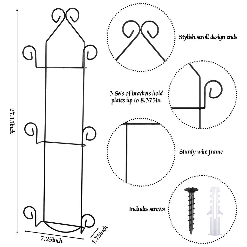 Menkxi Set of 2 Plate Rack for Wall Vertical 3 Tier Metal Wall Plate Holder Display Hanger for Dishes Decorative Plates Arts with Screw Fittings for Collectible Plates Picture Frames Artwork(Black)