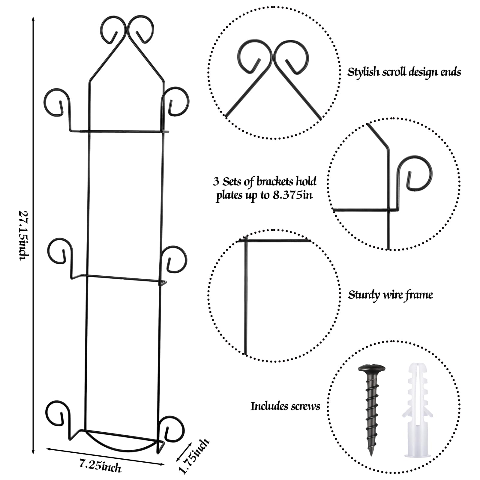 Menkxi Set of 2 Plate Rack for Wall Vertical 3 Tier Metal Wall Plate Holder Display Hanger for Dishes Decorative Plates Arts with Screw Fittings for Collectible Plates Picture Frames Artwork(Black)