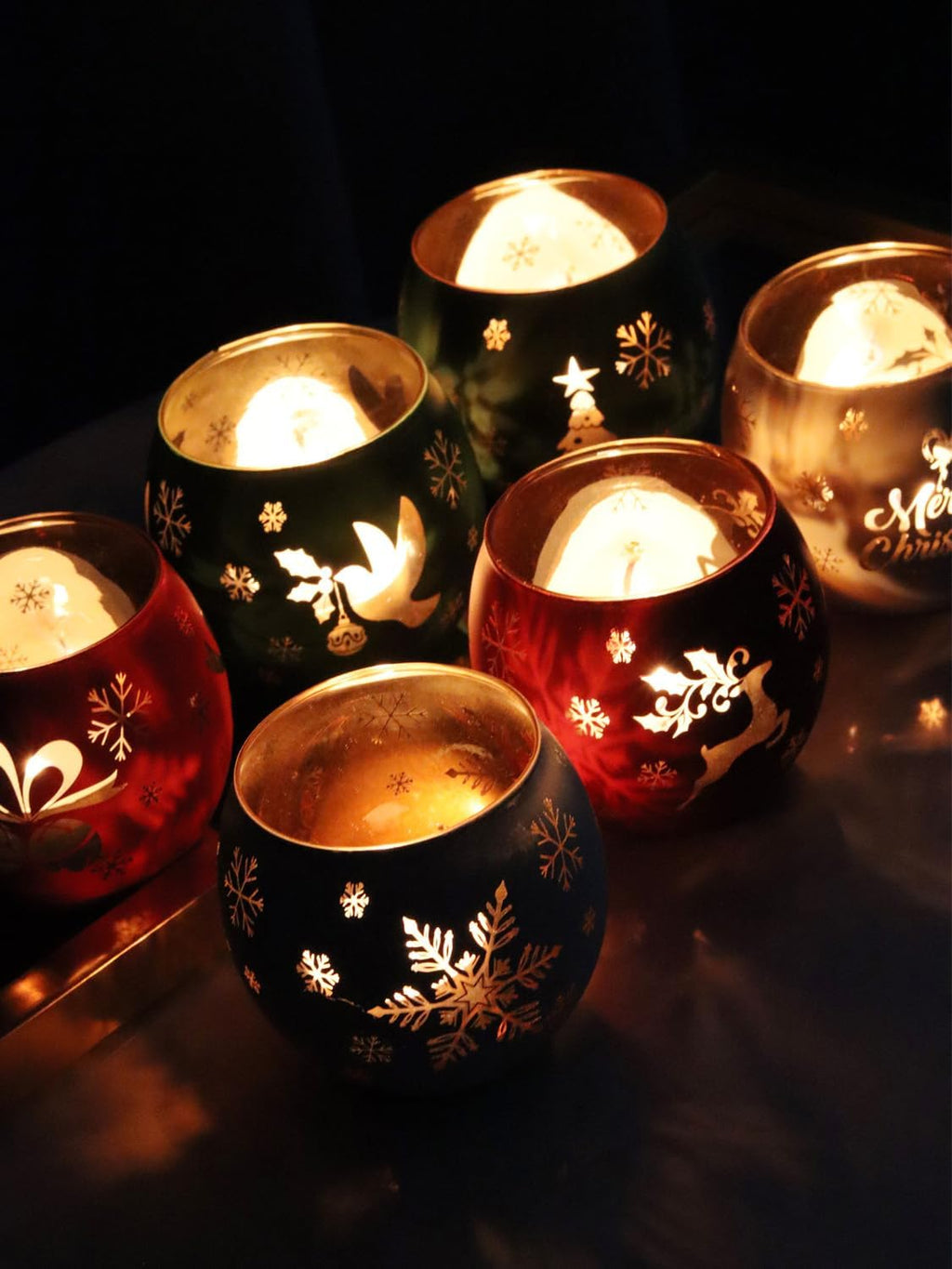 Skiennix Christmas Votive Candle Holder Set - 6 Red, Green & White Glass Tealight Holders with Laser Engraved Patterns for Festive Table Decor