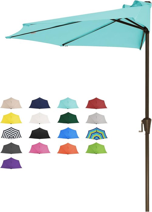 JEAREY 9ft Half Patio Umbrella - Crank-Operated, UV Protection, 1/2 Round Design for Pool & Garden - Teal Blue