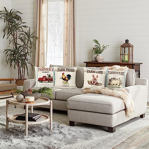 Farmhouse Animal Throw Pillow Covers 18x18 Inch Set of 4 - Cow, Sheep, Pig, Rooster Decor