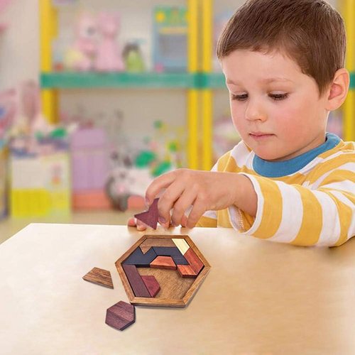 KINGOU Hexagon Tangram Puzzle | Engaging Wooden Brain Teasers for Kids & Adults - Perfect Family Game