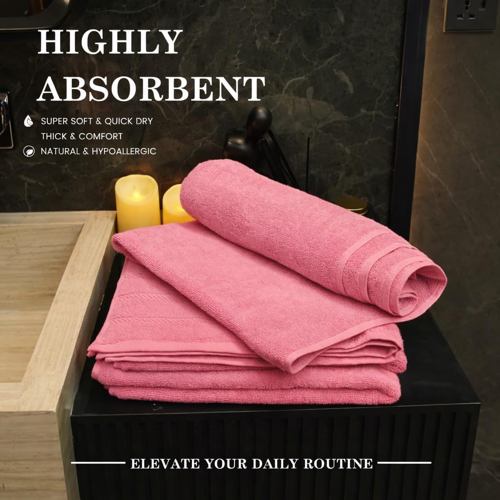 Bath Towels 27x54 – Pack of 4 | Soft & Quick-Dry | Highly Absorbent 100% Ring Spun Cotton Towels for Bathroom, Spa, Home & Hotel Use (Pink)