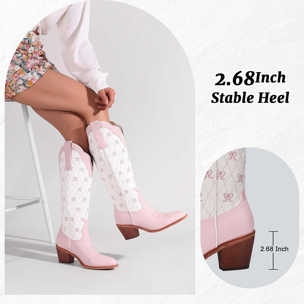 Skiennix Cowboy Boots - Embroidered Knee High Cowgirl Boots with Chunky Heel & Pearl Accent | Dressy Party Style