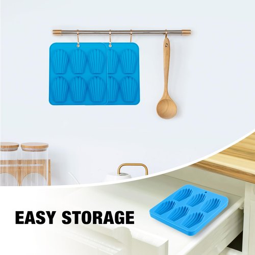 BIGOWL 4 Pack Madeleine Pans for Baking, 6 Cavity Shell Shape Baking Mold Nonstick Cookie Cake Pan for Oven (Blue)