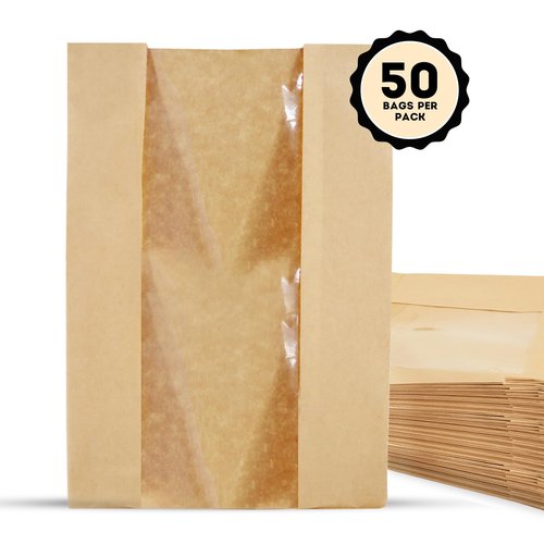 50 Sourdough Bread Bags For Homemade Loaf Kraft Brown Paper Bread Bags with Window and Square Bottom Large Bakery Bag - Reusable and Disposable Square Bottom for Easy Storage of Sandwiches and Bagels