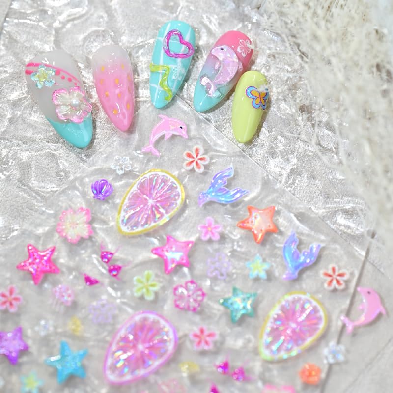 Quezadyl 5D Embossed Starfish & Flower Nail Stickers - 2 Sheets Summer Ocean Decals