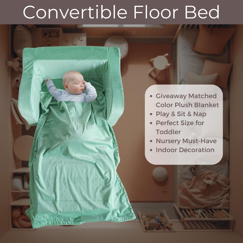 Wonder Space Kids Foam Couch with Blanket, Pre-Assembled Toddlers 2-in-1 Convertible Sofa, Indoor Foadable Lounger Chair & Flip Open Floor Bed for Boys & Girls (Mint Green)