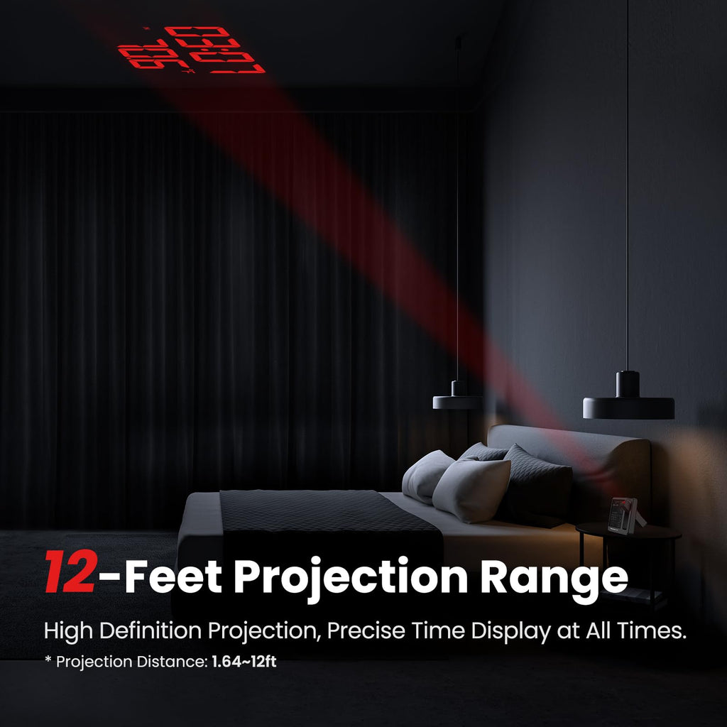 Newentor Projection Alarm Clock, Projection Clock for Bedroom Ceiling, Weather Station Thermometer with Projector Indoor Outdoor TEM&Hum, Forecast, Adjustable Backlight, Black with Red Projector