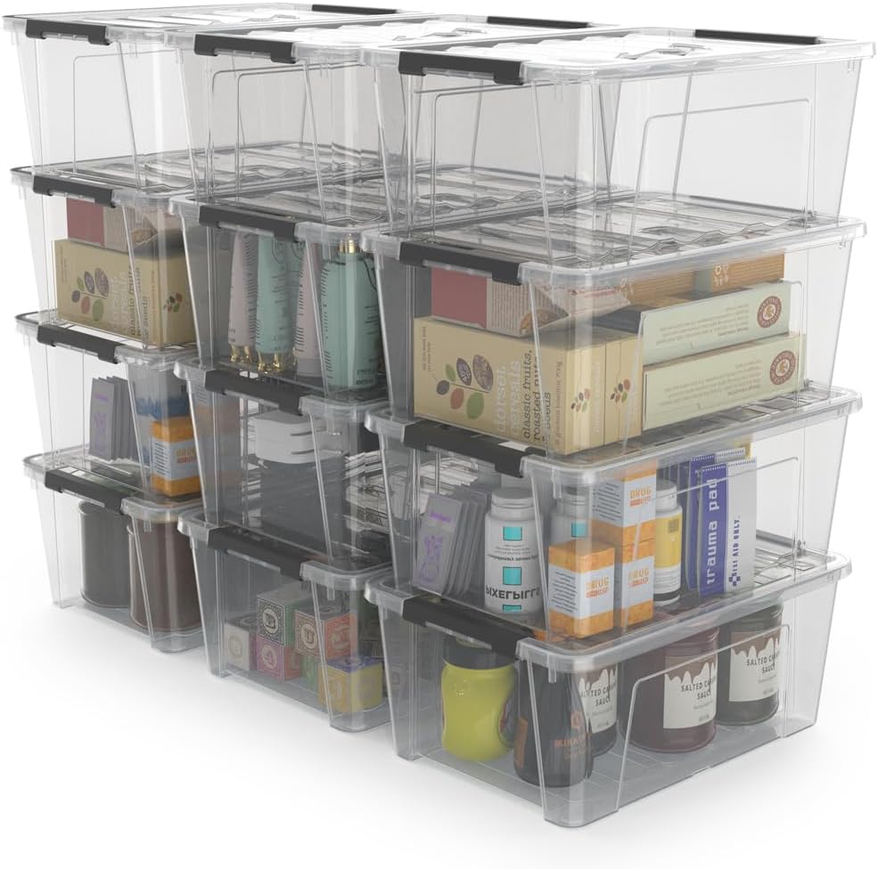WYT 12-Pack Clear Plastic Storage Bins - 5-Quart Containers with Lids & Latch Buckles | Organize with Ease