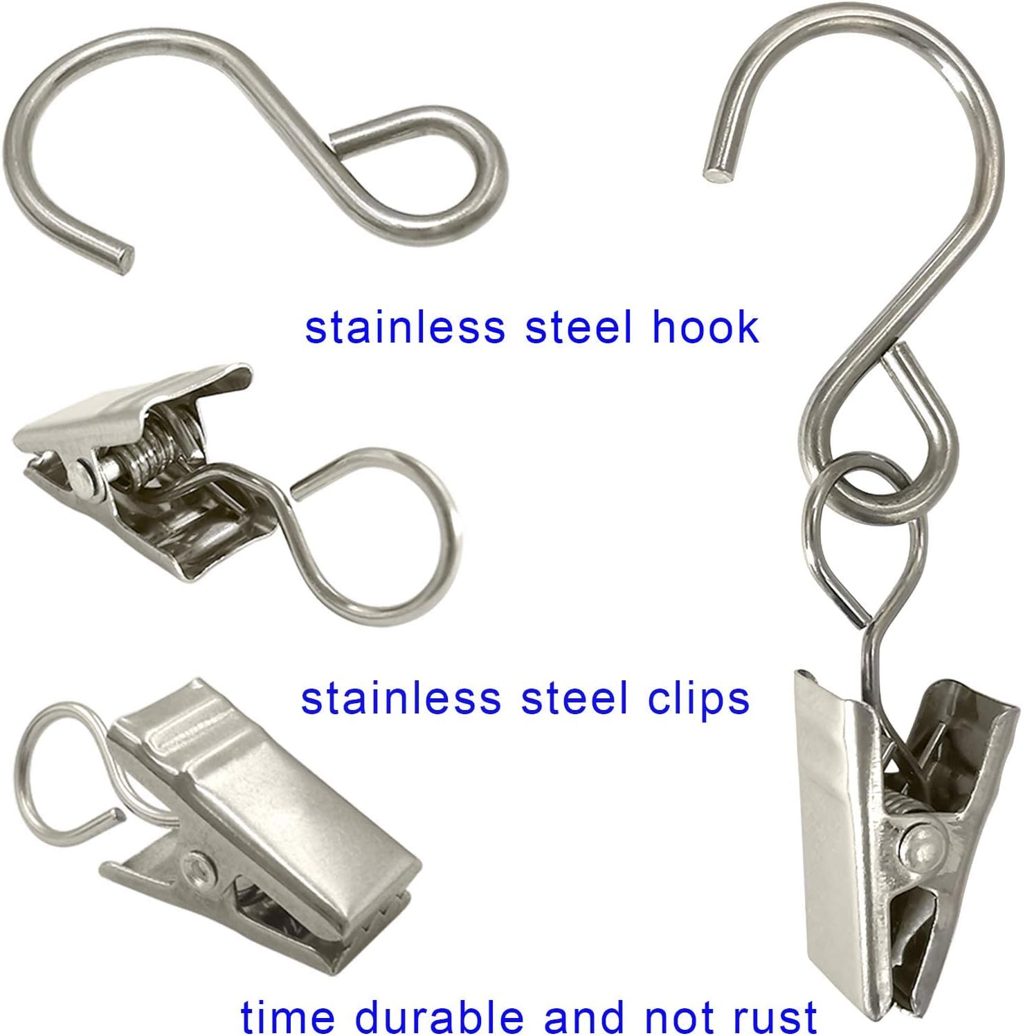 Stainless Steel S Hooks - 50 Pack Curtain Clips for Hanging Lights & Art Displays | 2.4 Inch Long, Silver