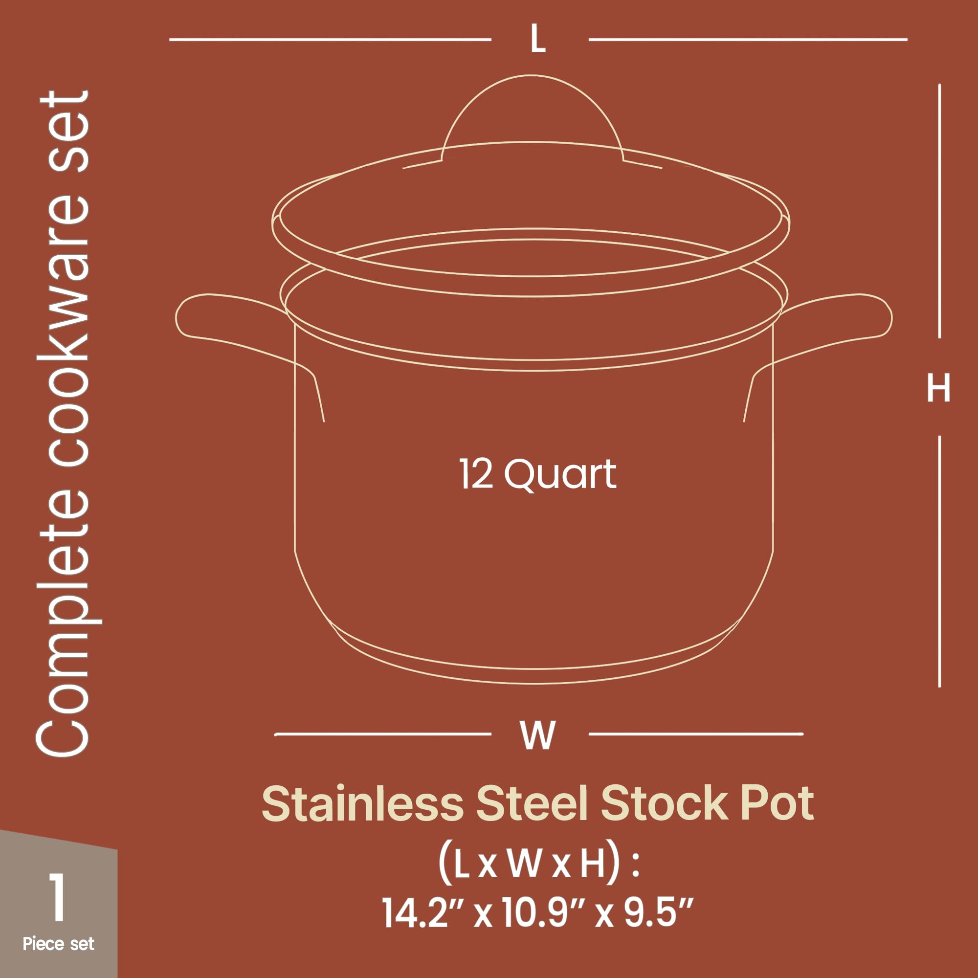 Stainless Steel Stockpot with Tempered Glass Lid 12 Quart, Durable 18/0 Stainless Steel, Impact-Bonded Base for Even Heating, Riveted Handles, Oven & All Stove Compatible, Safe Up To 500°F (260°C)