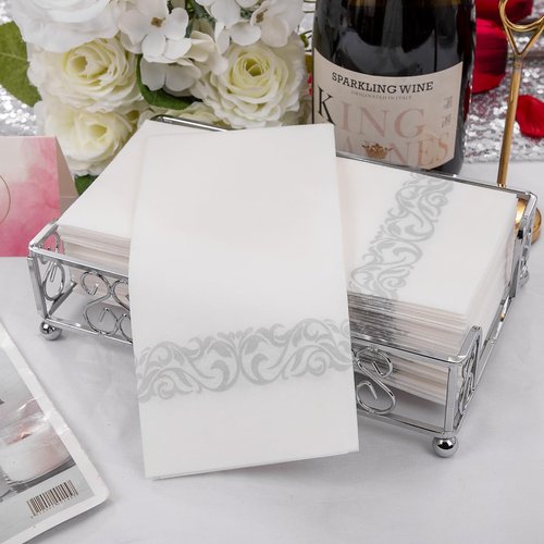 400 PCS Silver Napkins Disposable Hand Towels, Soft and Absorbent Linen Feel Dinner Napkins, White and Silver Paper Napkins, Elegant Decorative Paper Guest Towels for Bathroom Kitchen Wedding Party