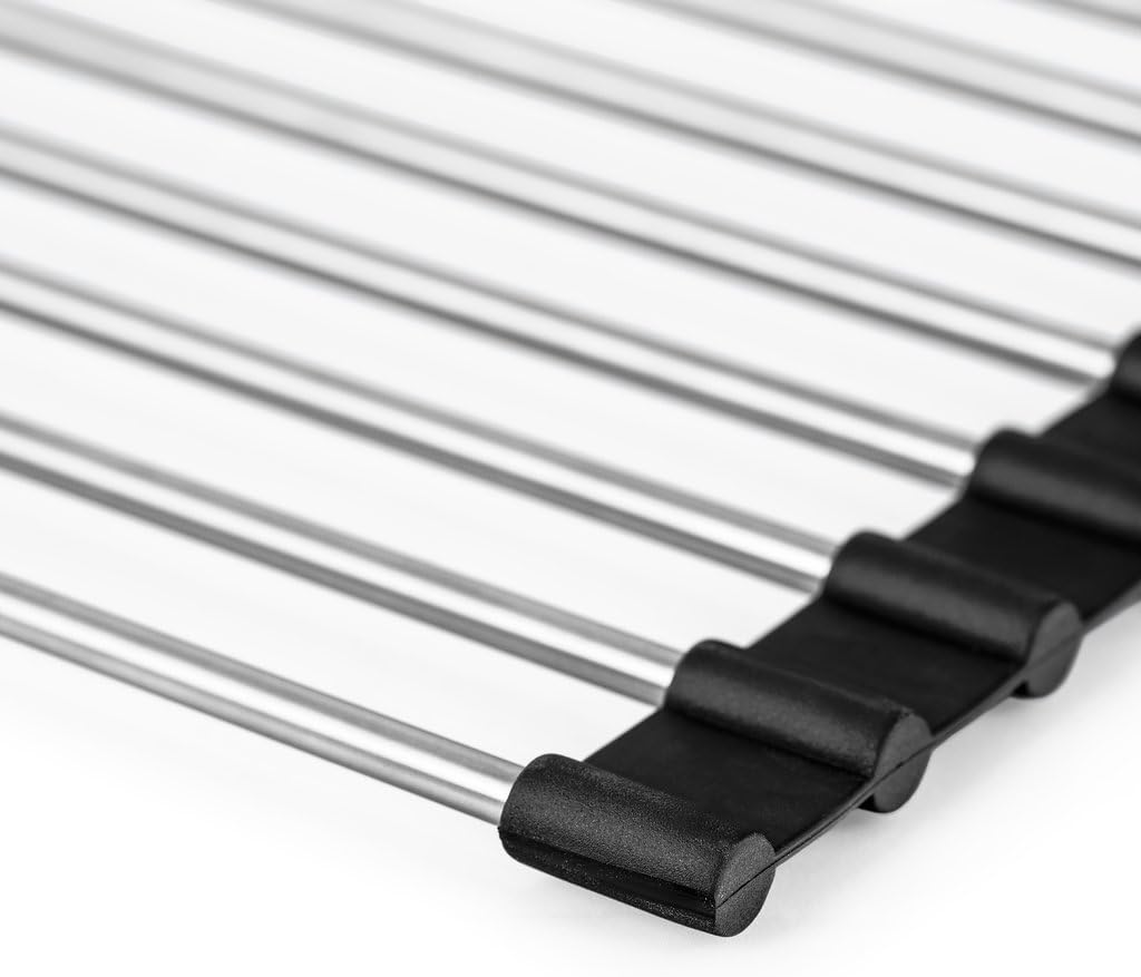 Skiennix Roll-Up Dish Drying Rack - 304 Stainless Steel, Foldable & Space-Saving | 17" x 13.5" - Black