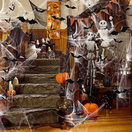 Halloween Decor Set - 1200 sqft Spider Webs with 120 Bats & 50 Spiders