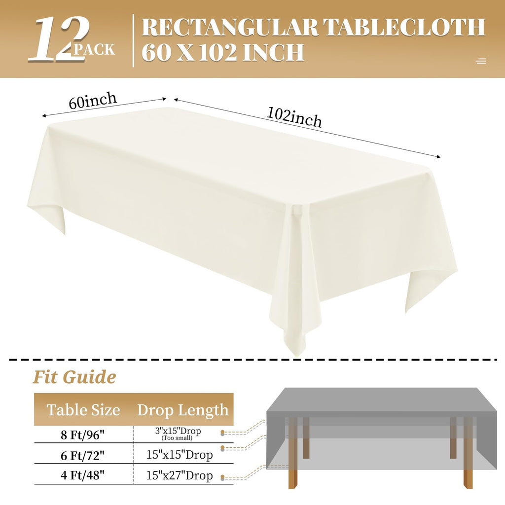MTREO 12 Pack Cream Tablecloth 60 x 102 Inch Table Cloth for 6 Foot Rectangle Tables Ivory Tablecloth Washable Polyester Fabric Cream Table Cloth Rectangle for Wedding Party Banquet Dining