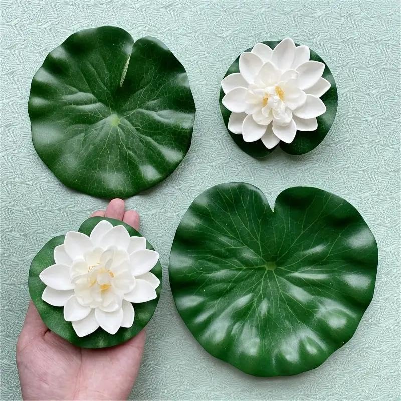 Artificial Floating Foam Lotus Flowers & Leaves for Pond & Aquarium Decor, White