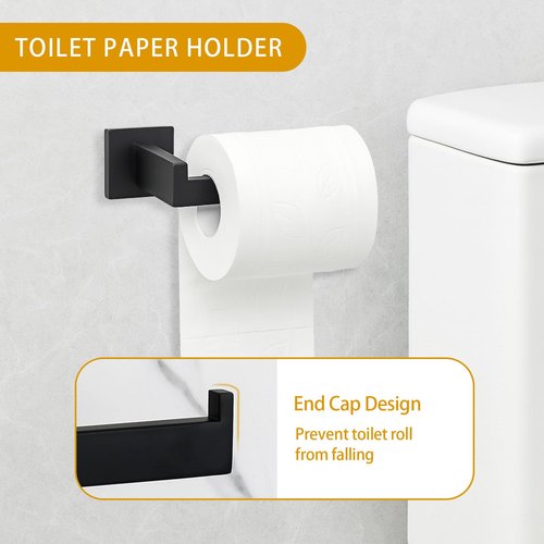 Twirobt 5-Piece Matte Black Bathroom Hardware Accessories Set - 16 Inch Stainless Steel Wall Mounted Towel Rack, Toilet Paper Holder, Towel Ring & 2 Hooks, Bathroom Organizer and Storage