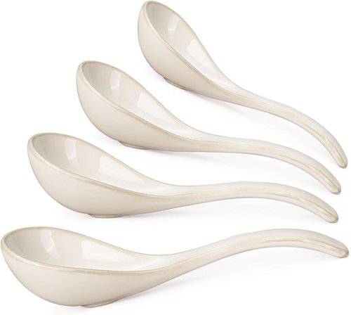Artena Ceramic Soup Spoons - Deep Arc Anti-Roll Design | Set of 4, 6.85 Inch for Ramen & Pho (Creamy White)
