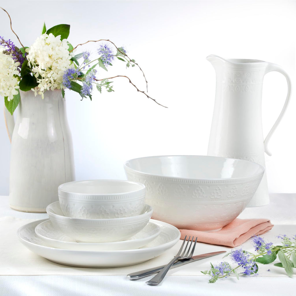 Euro Ceramica Fez Collection Stoneware Durable White 16-Piece Double Bowl Dinnerware Set, Teardrop Mandala design, Service for 4 with two sizes bowls assorted