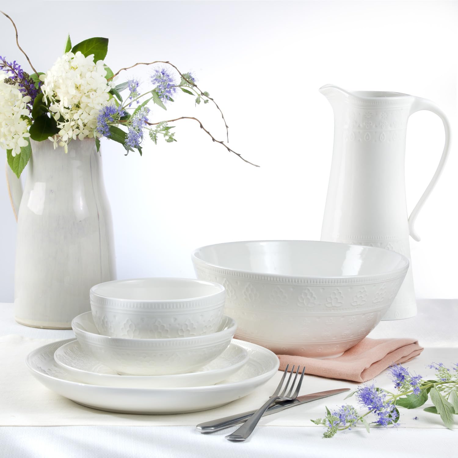 Euro Ceramica Fez Collection Stoneware Durable White 16-Piece Double Bowl Dinnerware Set, Teardrop Mandala design, Service for 4 with two sizes bowls assorted