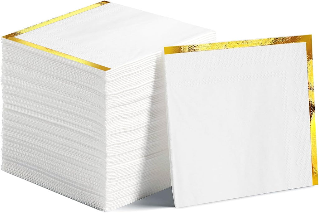 Skiennix 200 Pcs White Cocktail Napkins - Gold Trim Disposable Beverage Napkins for Events