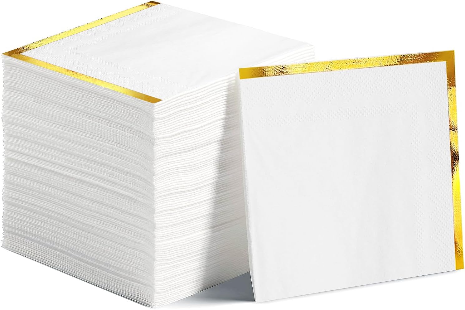 Skiennix 200 Pcs White Cocktail Napkins - Gold Trim Disposable Beverage Napkins for Events