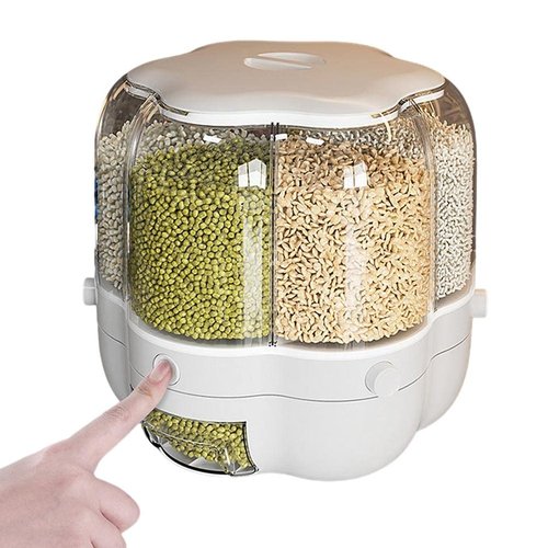 Enfudid Food Grain Storage Container Large Capacity 6-Grid Rice Dispenser, Rotatable Sealed Grain Food Storage Box Rice Bucket Dry Food Fruit Box Kitchen Storage Bucket for Home Kitchen- White 14.3LB