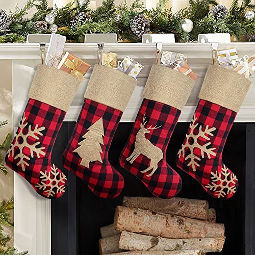 Rustic Christmas Stockings 4 Pack - 18 Inch Red Black Buffalo Plaid Holiday Decor