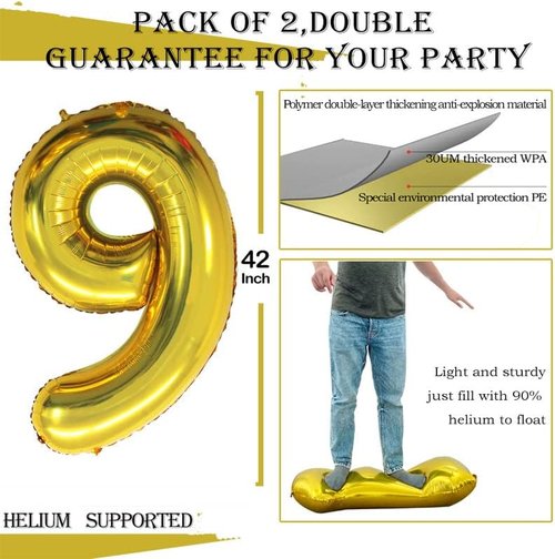 GOER Gold Foil Number Balloons - Huge 9th Birthday Party Decorations | 3 Pcs Set (42", 32", 16")