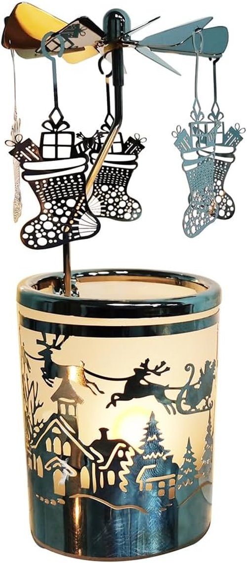 Kingnero Carousel Candle Holder - Spinning Metal Tea Light Candlestick for Home Decor | Silver Christmas Socks