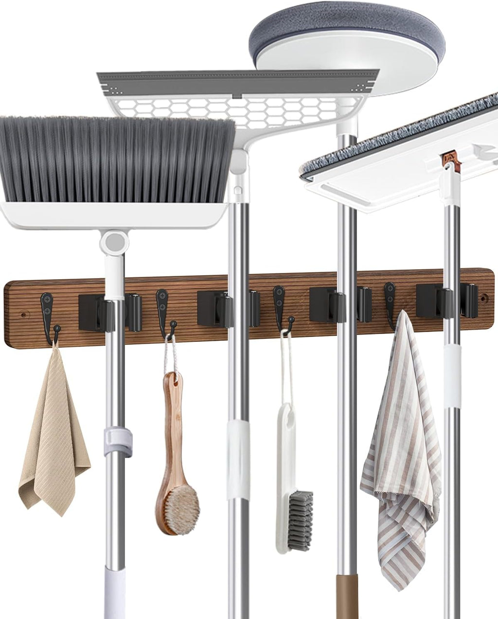 Skiennix Broom Holder - Wall Mounted Mop Organizer with 4 Holders & Hooks | Natural Pine Wood