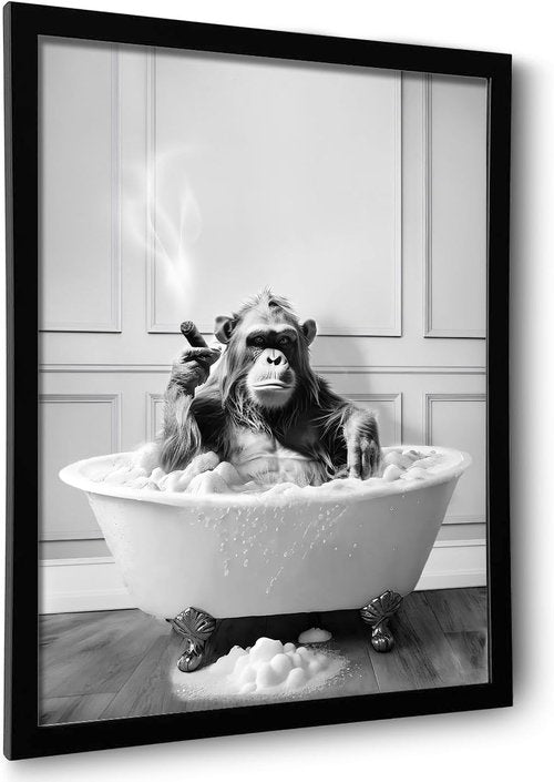 Chimpanzee in Bathtub Wall Art by [Brand Name] - Framed Black and White Bathroom Decor | Cute 8"x10" Print