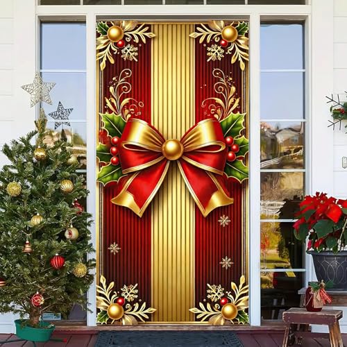 Christmas Door Cover Red Gold Gift Box Seasonal Decor - 35x71 Inch - Variation of Christmas Gift Box